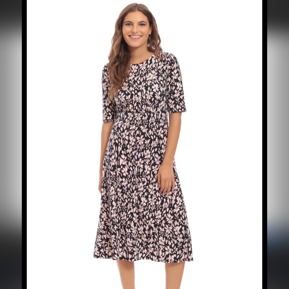 London Times Black and Light Pink Printed Midi Dress